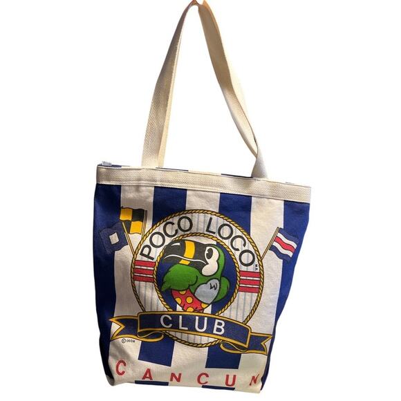 Vintage Poco Loco Club Cancun Mexico Canvas Zippered Tote Bag Blue White Parrot - Picture 1 of 13